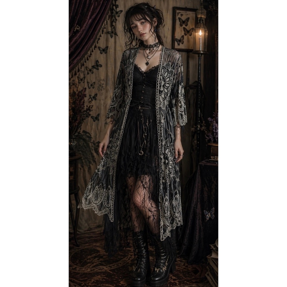 Rebellion Lace Kimono Duster Hippie Black White Boho Whimsy Dark Romantic L